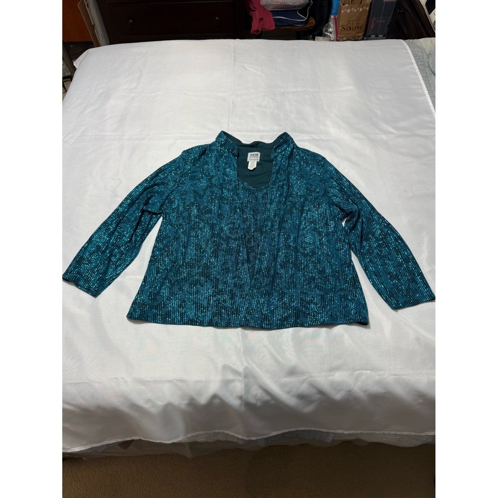 R&M Richards Womens 20WP Teal Glitter Damask Jacket and Tank Set 2 Piece Formal